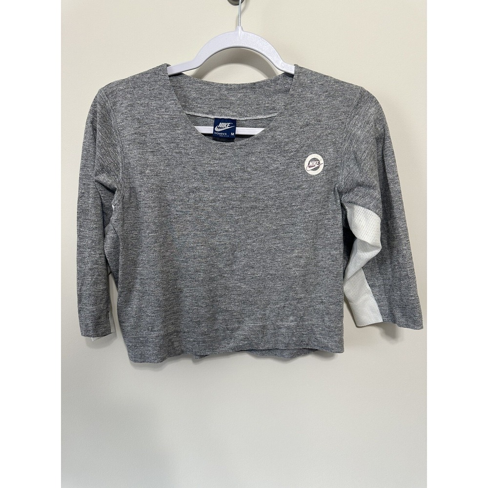 Vintage 70s Nike Cropped Shirt Blue Tag Swoosh Gray Crop Top Womens Medium USA